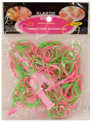 Гумки для плетіння Rainbow Loom 200шт. 1/2 Рожево-зелені +рогатка +гачок 1607