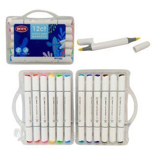 Маркер универсальный акриловый Beifa двухсторонний Acrylic Marker набор 12 шт PY103-12 в пластиковом футляре