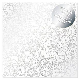 Ацетатный лист 30,5*30,5cм Фабрика Декору с фольгированием Silver Clocks FDFMA-1-052