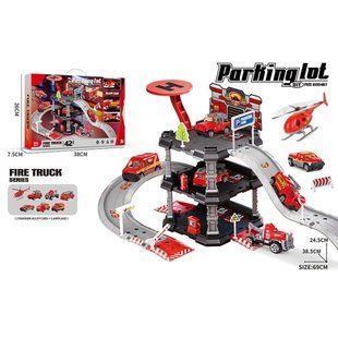 Игра сборная трасса 4FUN Parking lot Трек 3 уровня с пожарной техникой 3шт №666-04