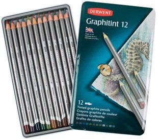 Олівці акварельні графітні набір 12кол Derwent Graphitint у металева коробка 700802